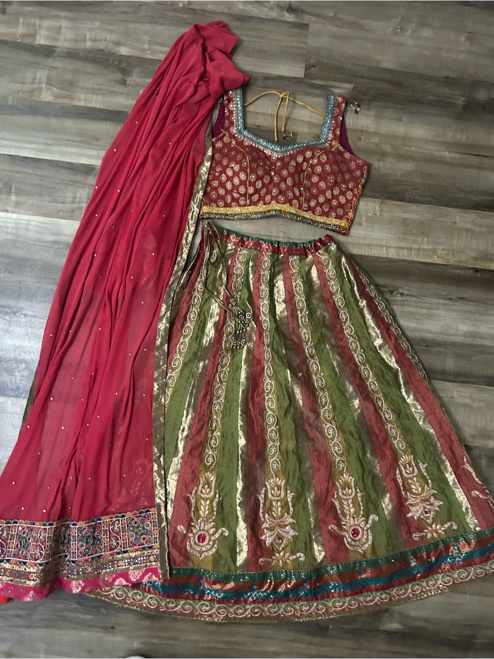 Traditional 3-Piece Lehenga Choli Set - Red, Green & Gold (Size XS-M)